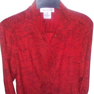 Vintage JONES NEW YORK Red/Black Pleated Map of Magellan Secretary Blouse S 10